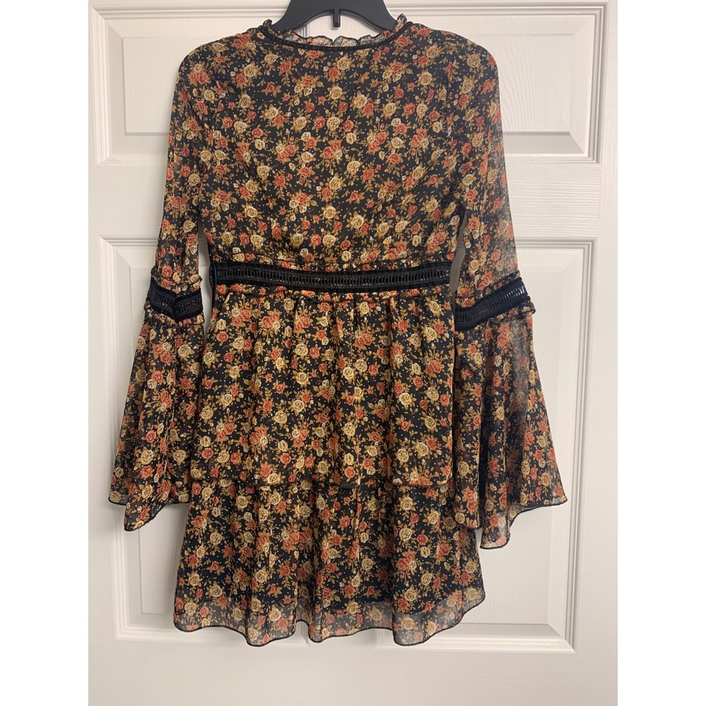Nasty Gal Collection Floral Mini Dress Bell Sleeve Boho Black Gold US 2 - Picture 7 of 11
